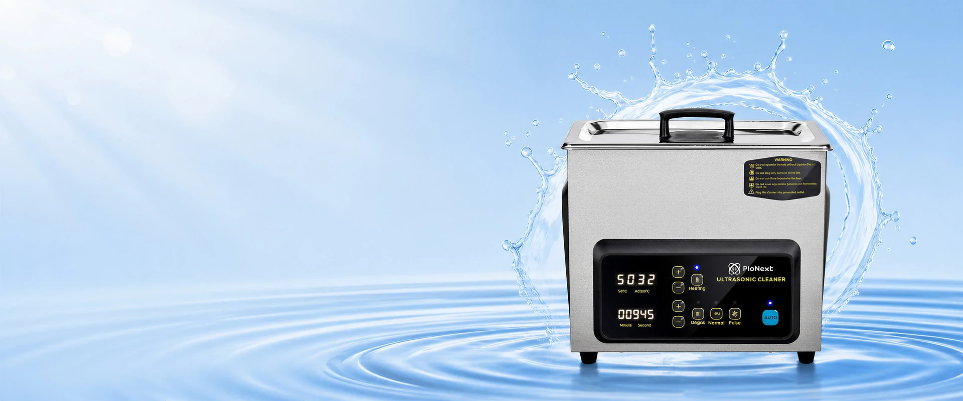 PioNext CD-X3 ultrasonic cleaner with a stainless steel housing and digital controls