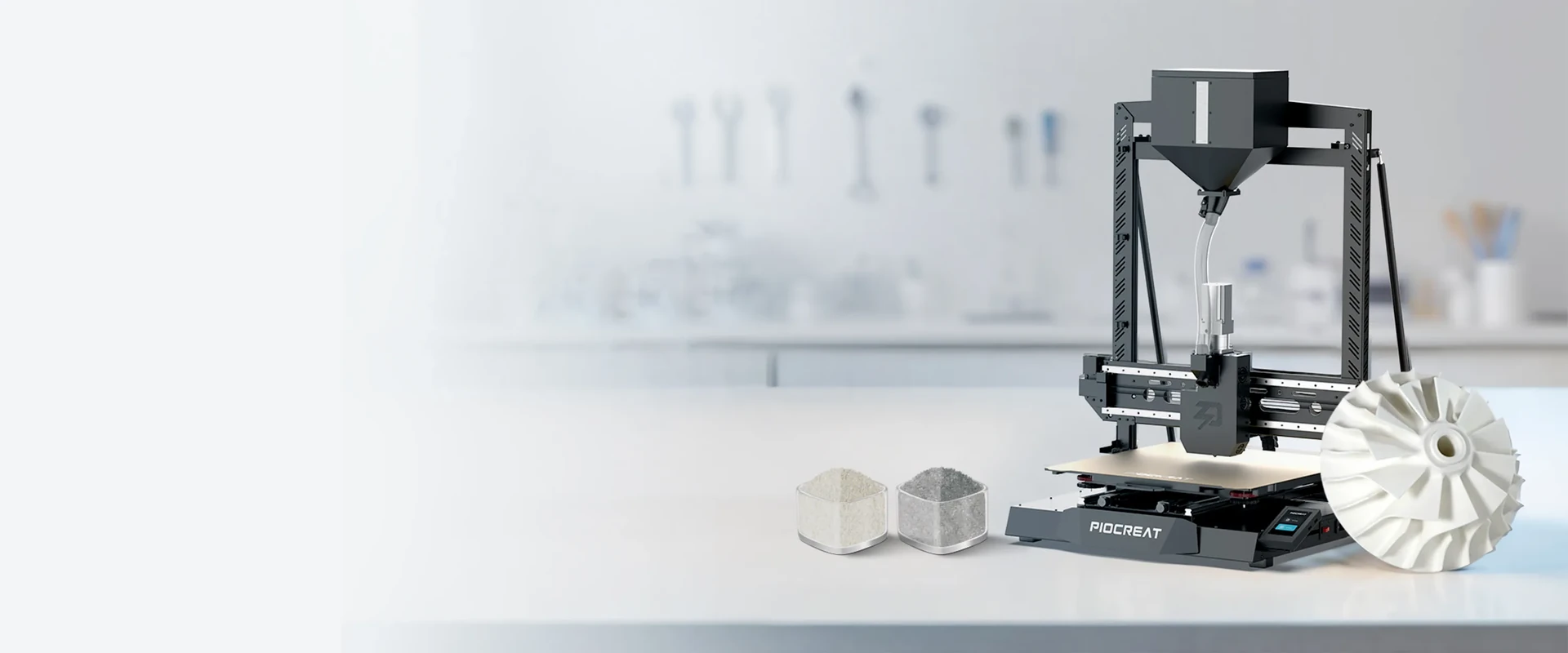 PioCreat G5Ultra pellet 3D printer with printed sample objects