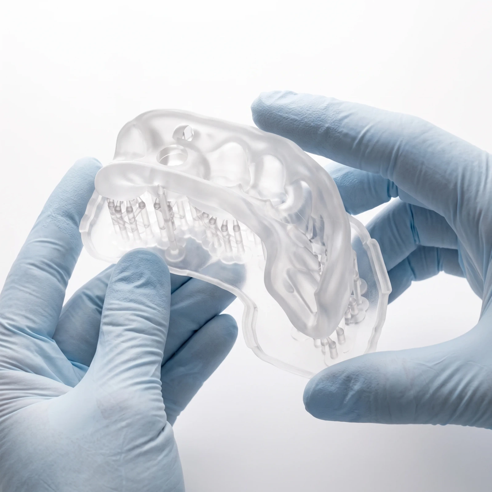Gloved hands flexing a transparent surgical guide made with Surgical Guide Resin Pro