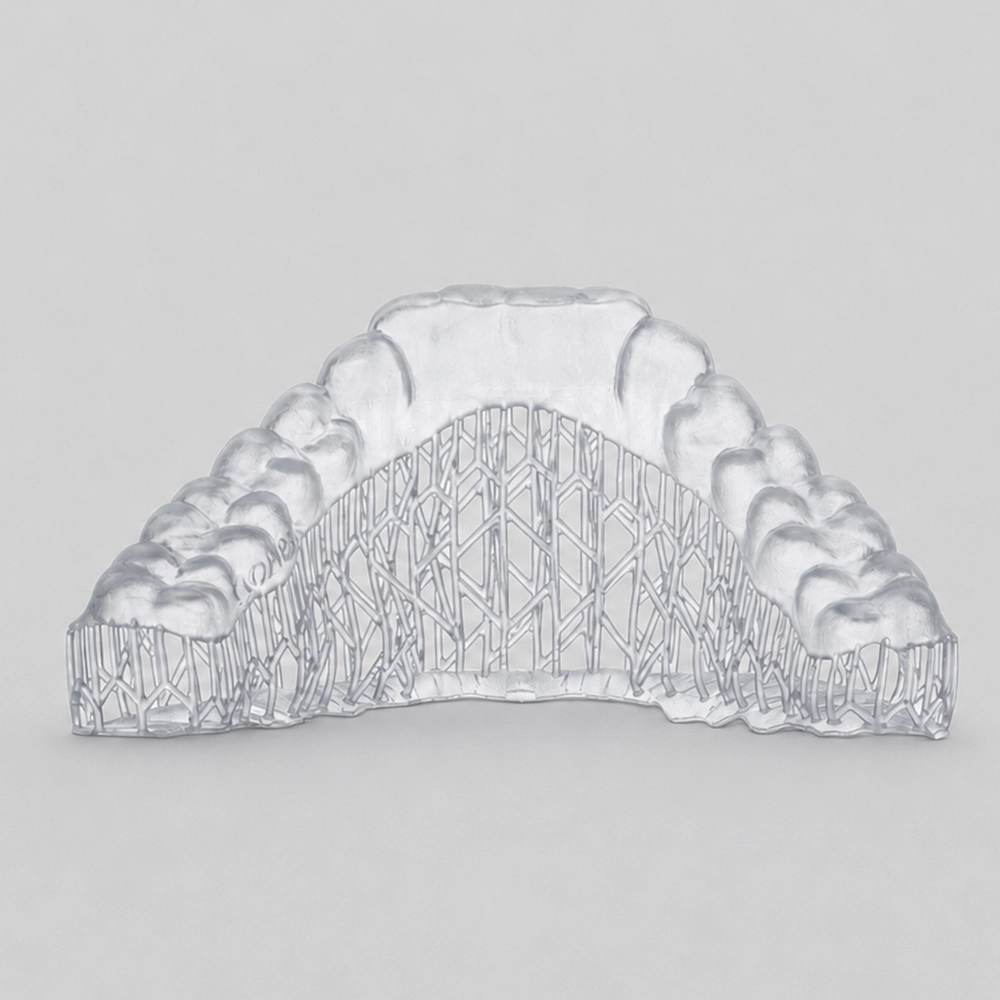 Transparent aligner with printing supports before removal
