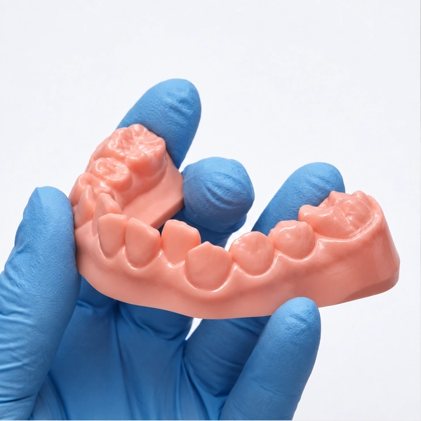 Gloved hand holding a water-washable resin dental model