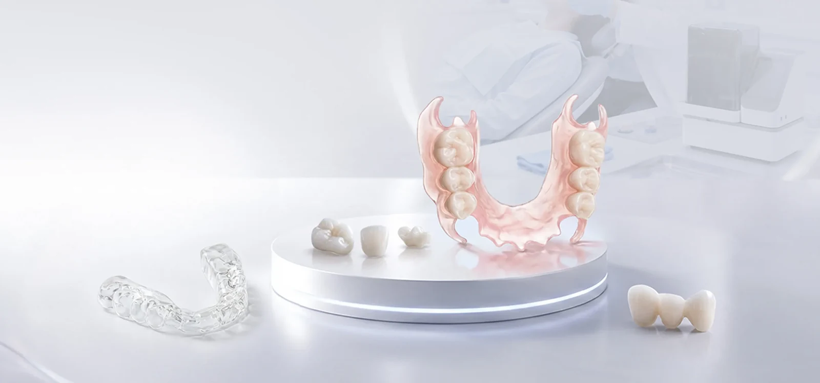 Dental crowns, a flexible partial denture and a clear splint for PioNext Mini applications