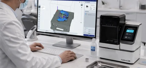 Clinician preparing a dental model in software beside a PioNext Mini 3D printer