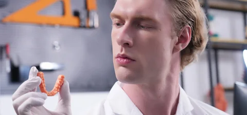Dental technician inspecting a printed dental arch model