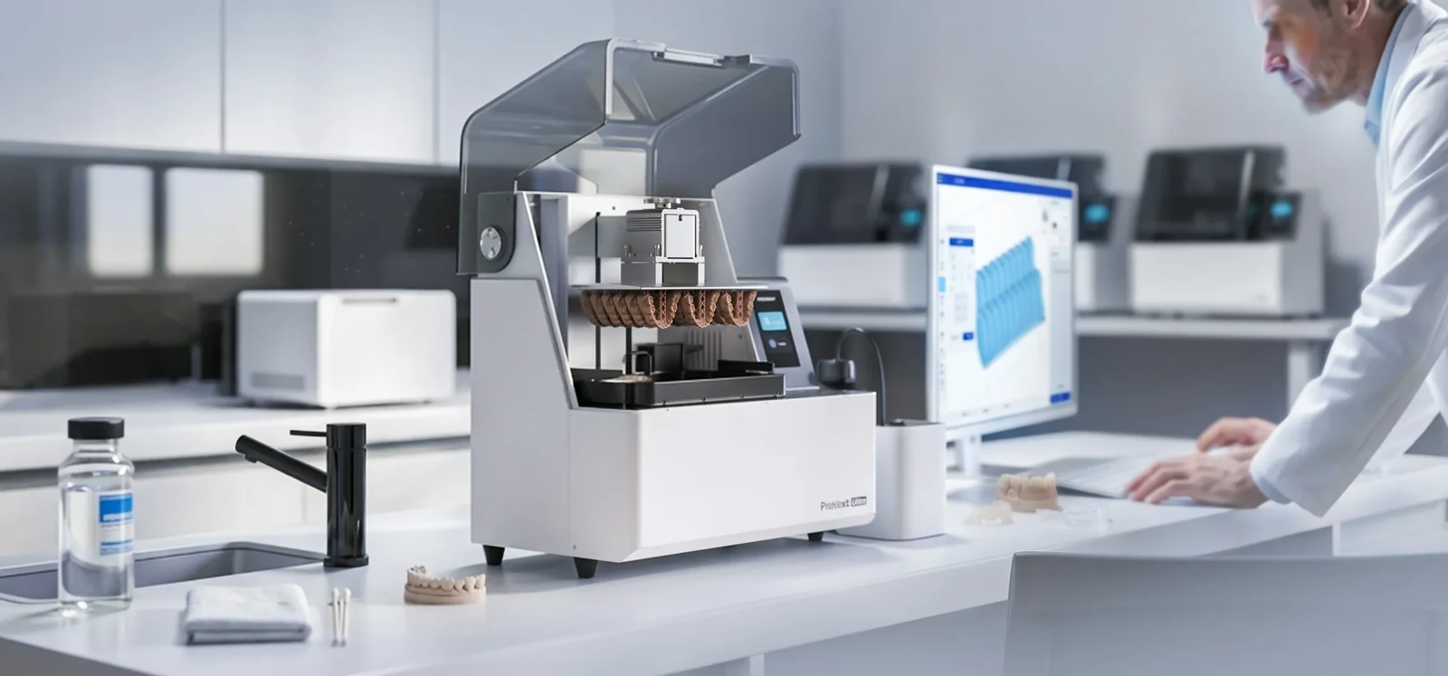 PioNext Ultra with its cover open during dental laboratory production