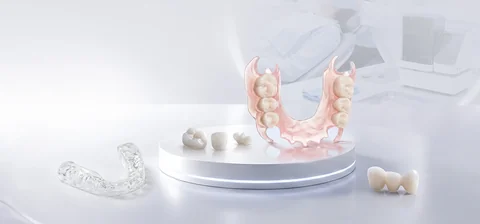 Dental crowns, a flexible partial denture and a clear splint for PioNext Mini applications