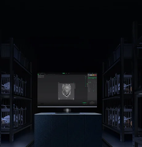 Computer workstation shown in a room of 3D printers