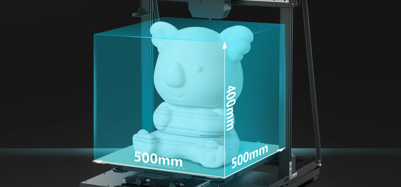 G5Ultra build volume illustration labeled 500 by 500 by 400 mm