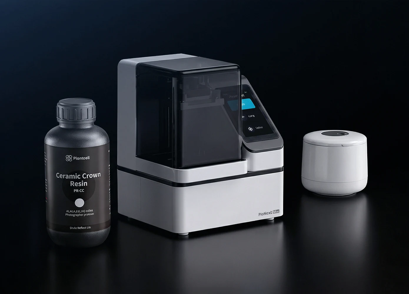 PioNext Mini with ceramic crown resin and Wash Mini cleaning container
