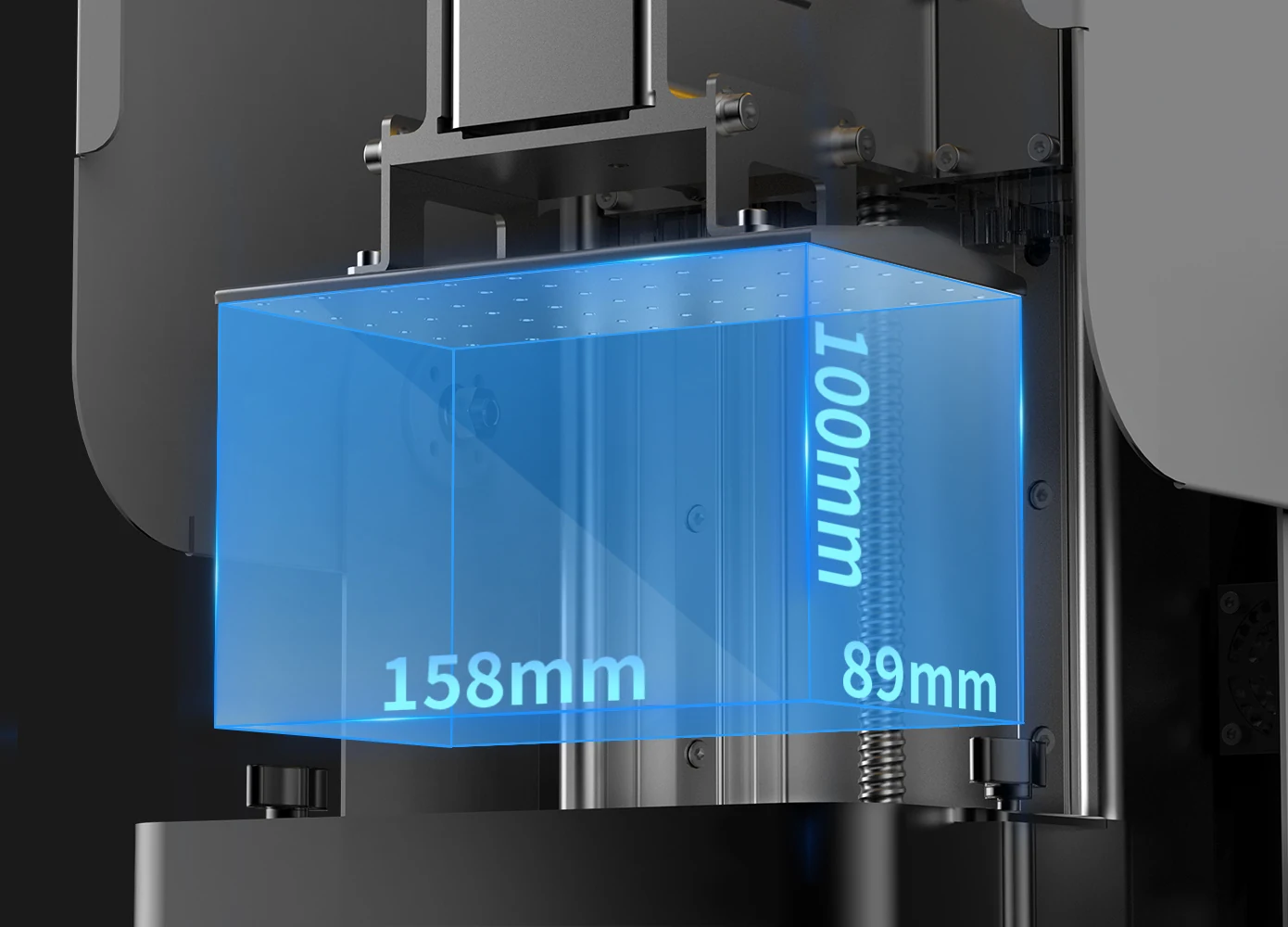 D160 build volume illustration labeled 158 by 89 by 100 mm