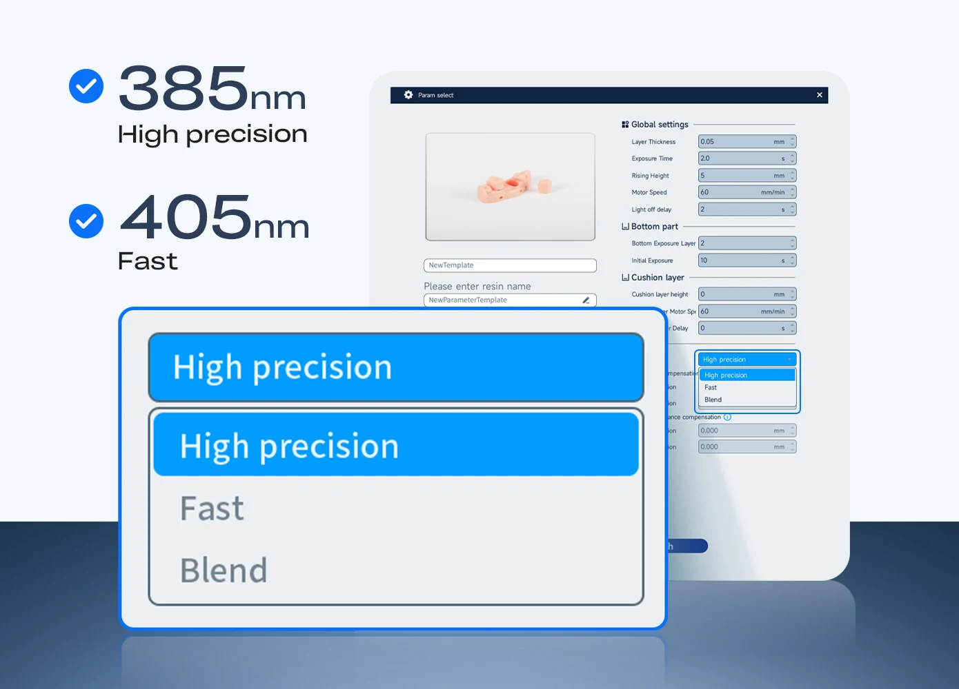 PioNext Ultra printing settings for 385 nm and 405 nm wavelengths