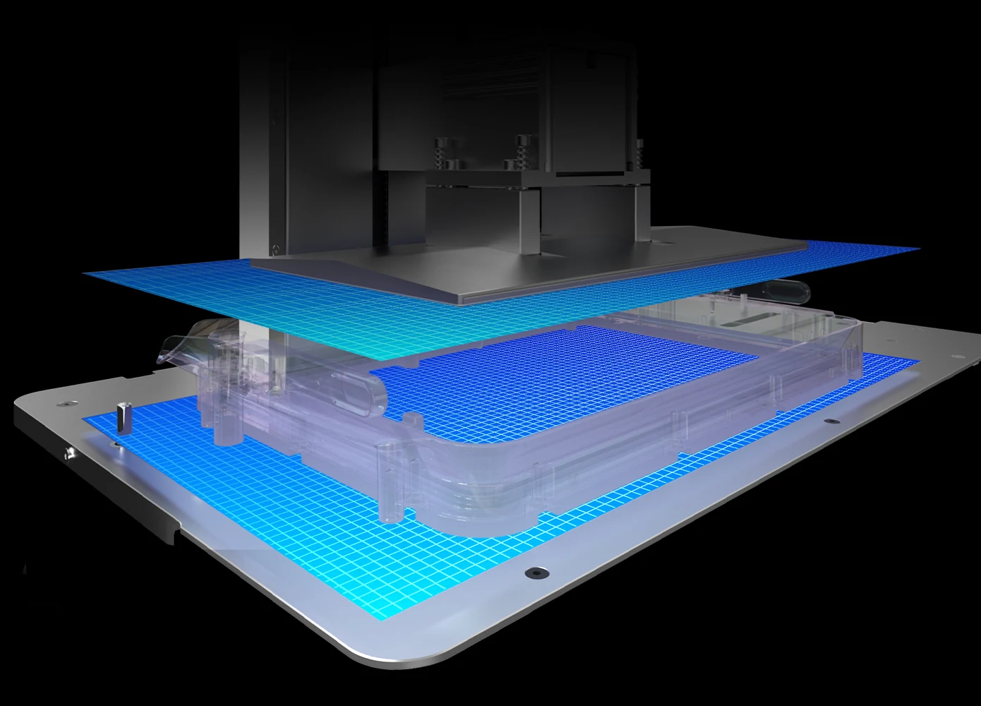 PioNext Ultra factory-leveled build platform and resin vat alignment diagram