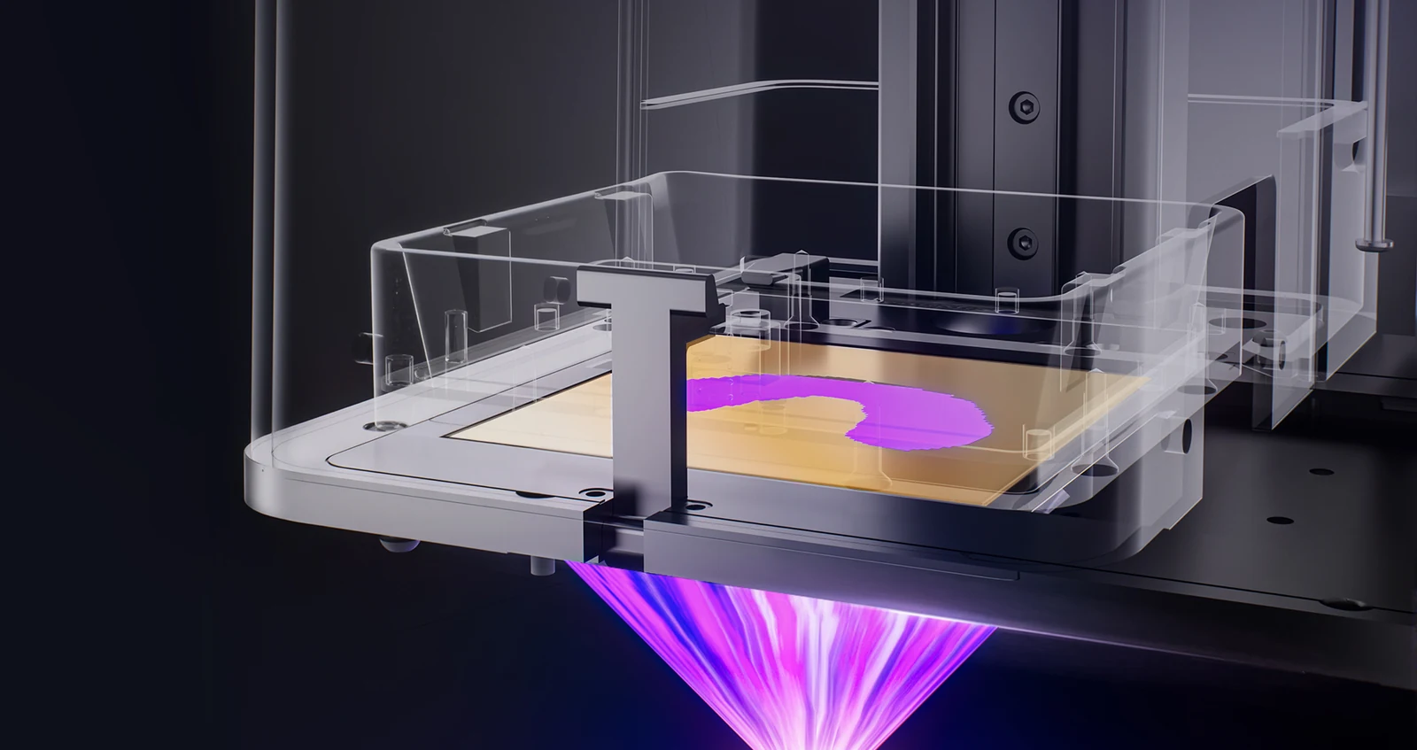 PioNext Ultra amber LCD screen and resin vat with UV light path