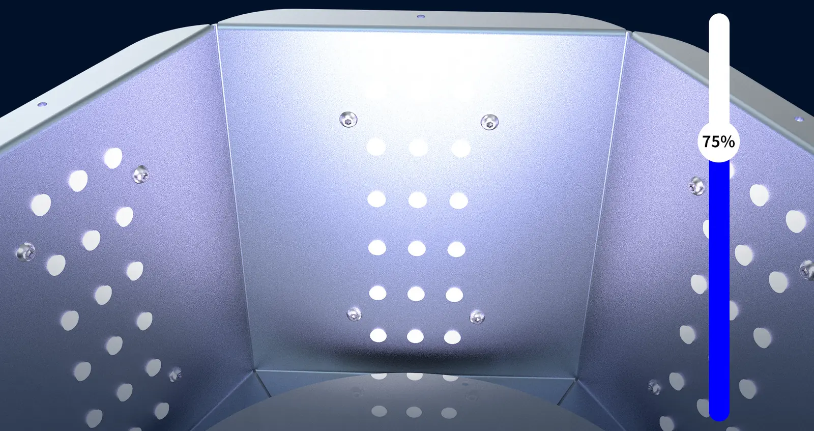 UV02 curing chamber illustration showing adjustable light intensity