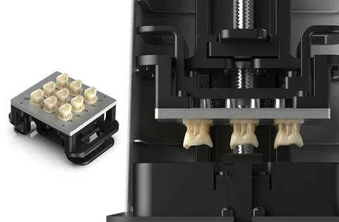 Dental crowns on the PioNext Mini build platform after printing