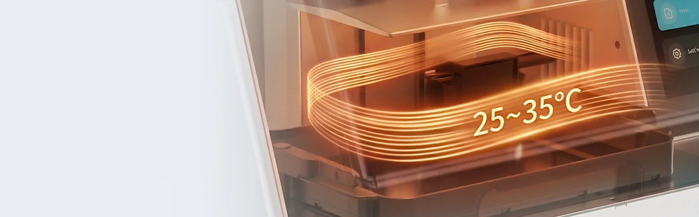 PioNext Ultra heated printing chamber showing a 25 to 35 degree Celsius range