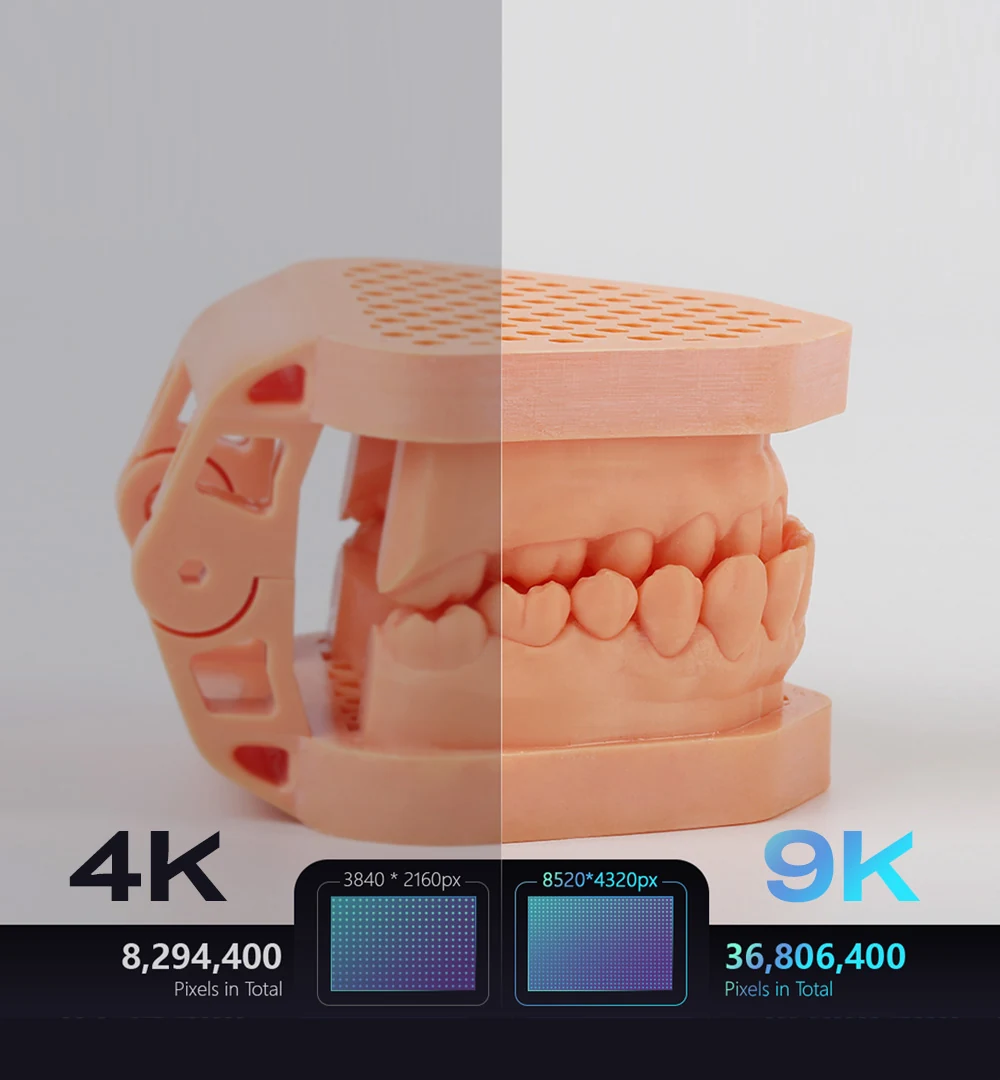 DJ68 graphic comparing dental model detail and pixel counts for 4K and 9K printing
