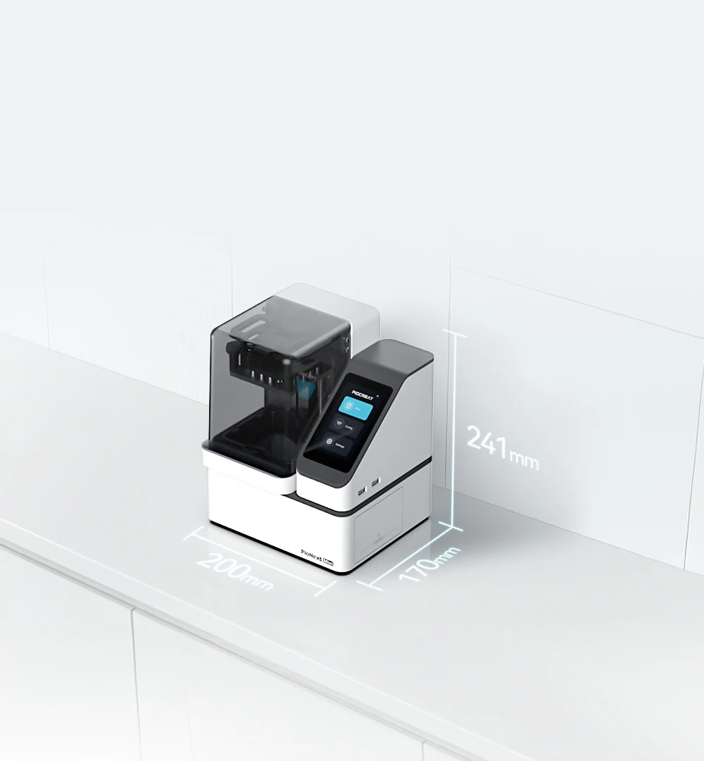 Compact PioNext Mini dental 3D printer on a clinical worktop