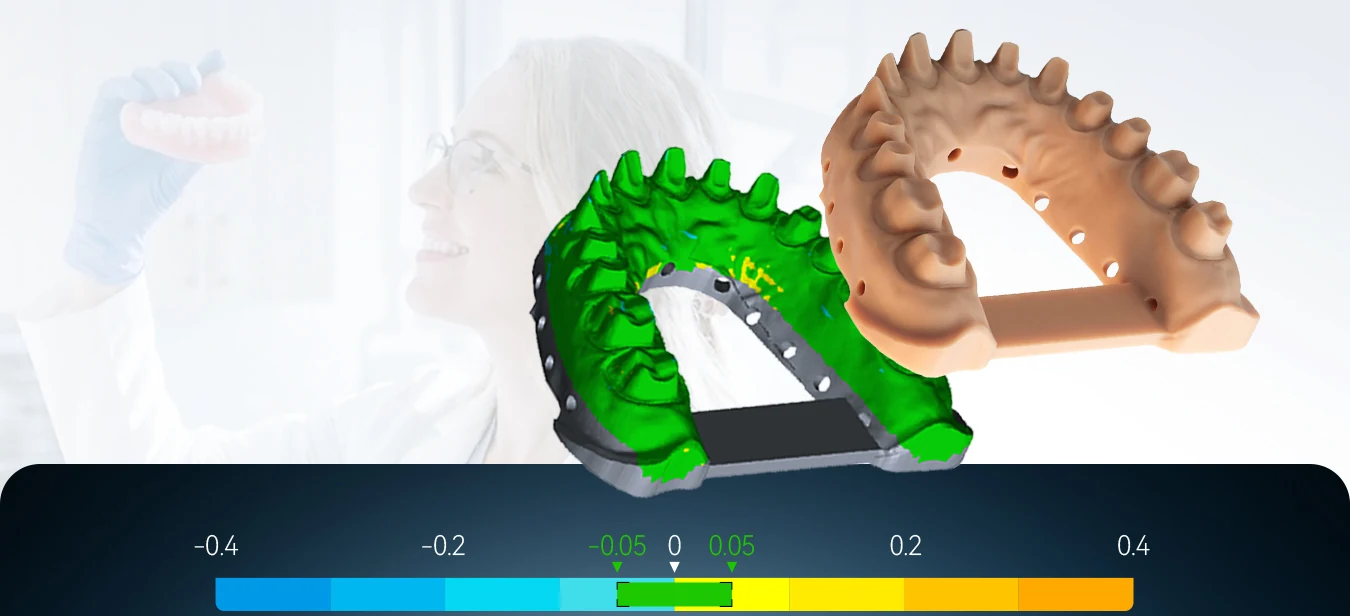 Dental model and color-coded deviation map for PioNext Ultra print accuracy
