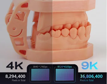 DJ68 graphic comparing dental model detail and pixel counts for 4K and 9K printing