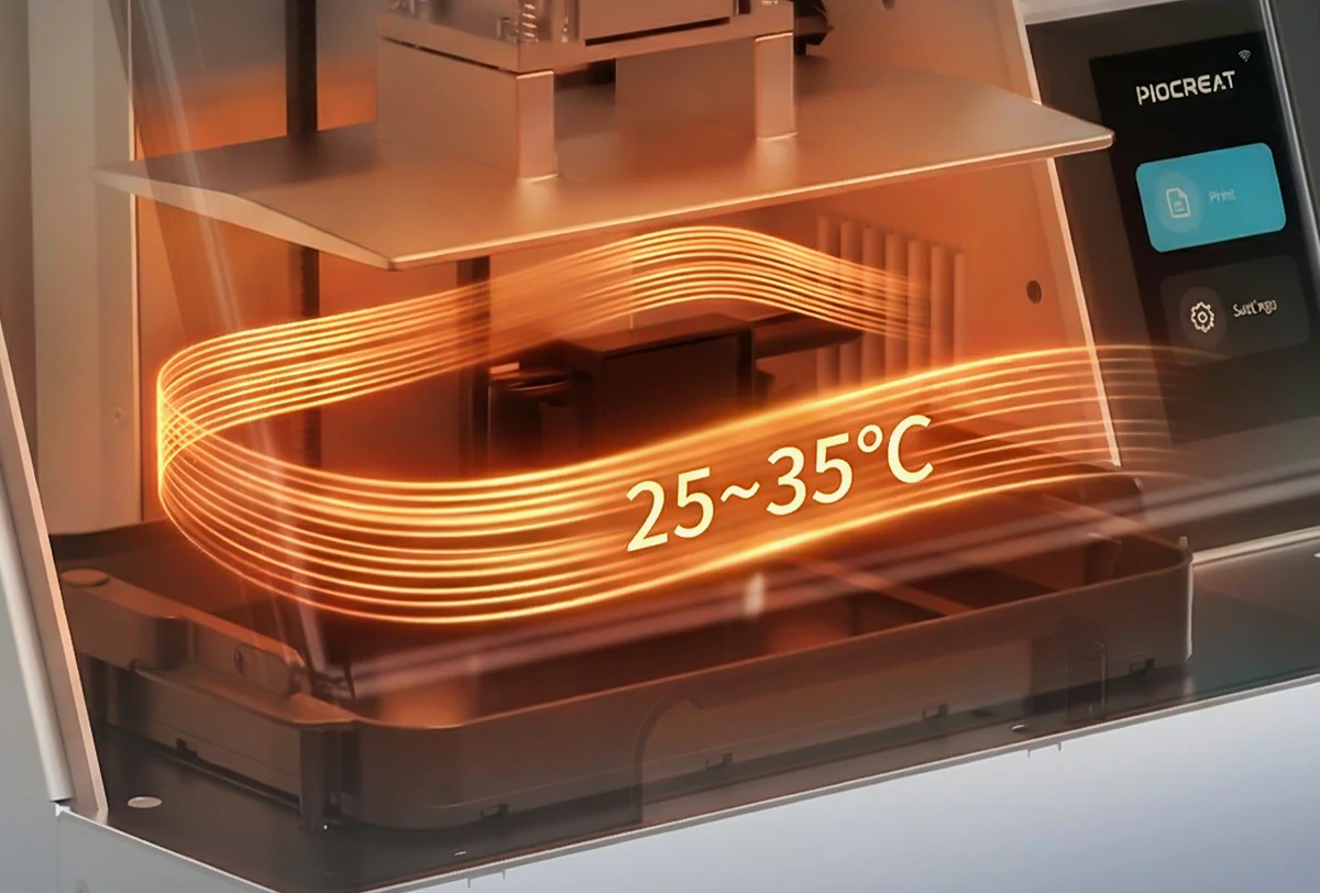 PioNext Ultra heated printing chamber showing a 25 to 35 degree Celsius range