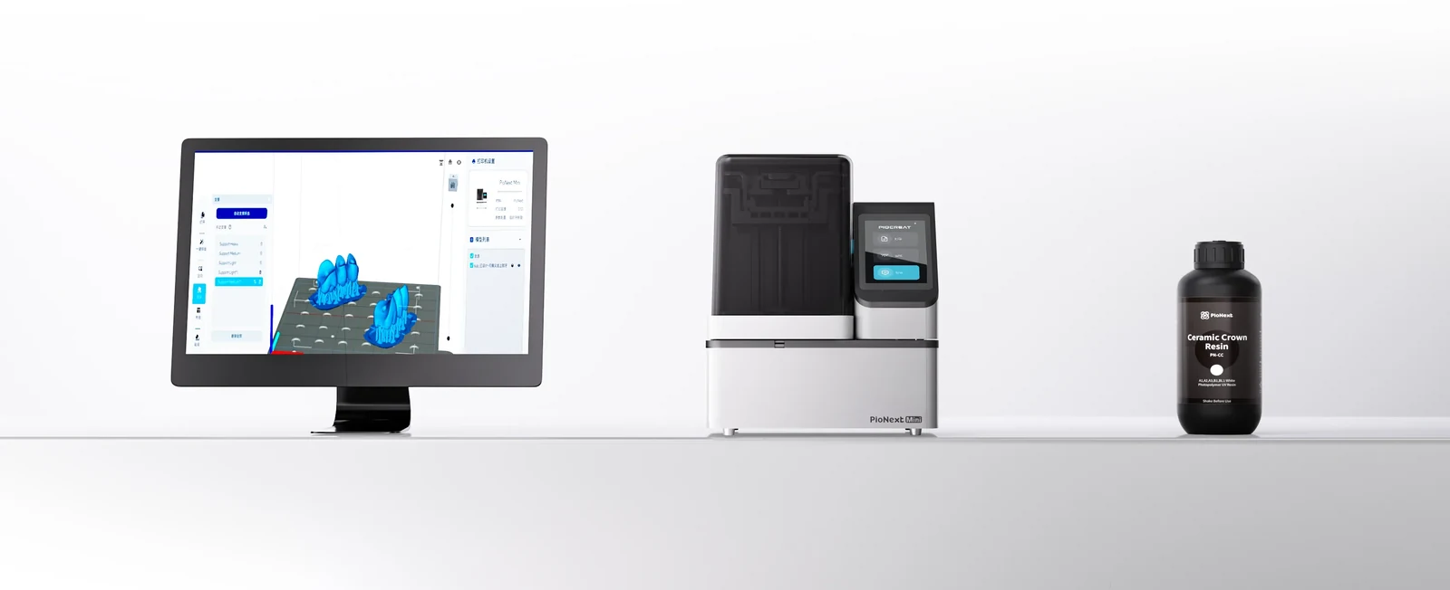 PioCreat dental printing system with CAM software, a dental 3D printer and resin