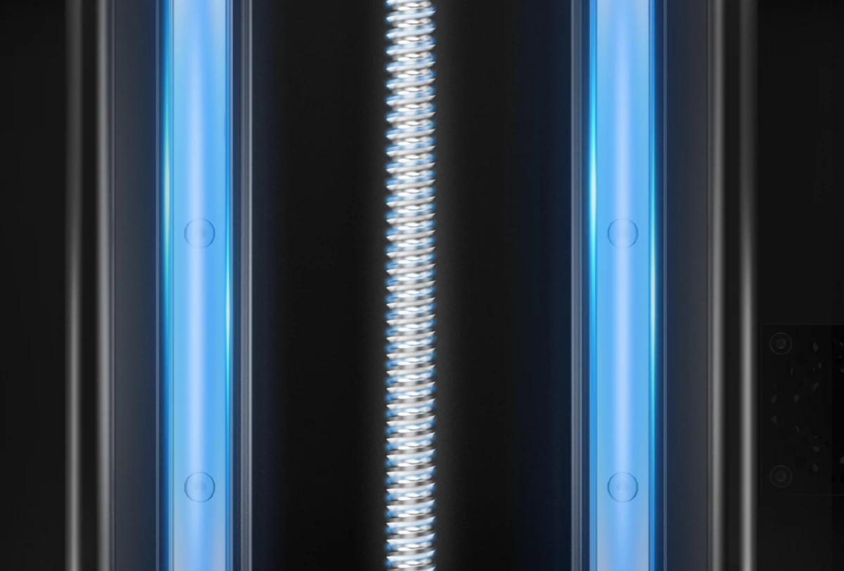 Close-up of the D160 vertical guide rails and lead screw