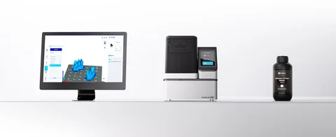 PioNext dental workflow with design software, a Mini 3D printer and a resin bottle