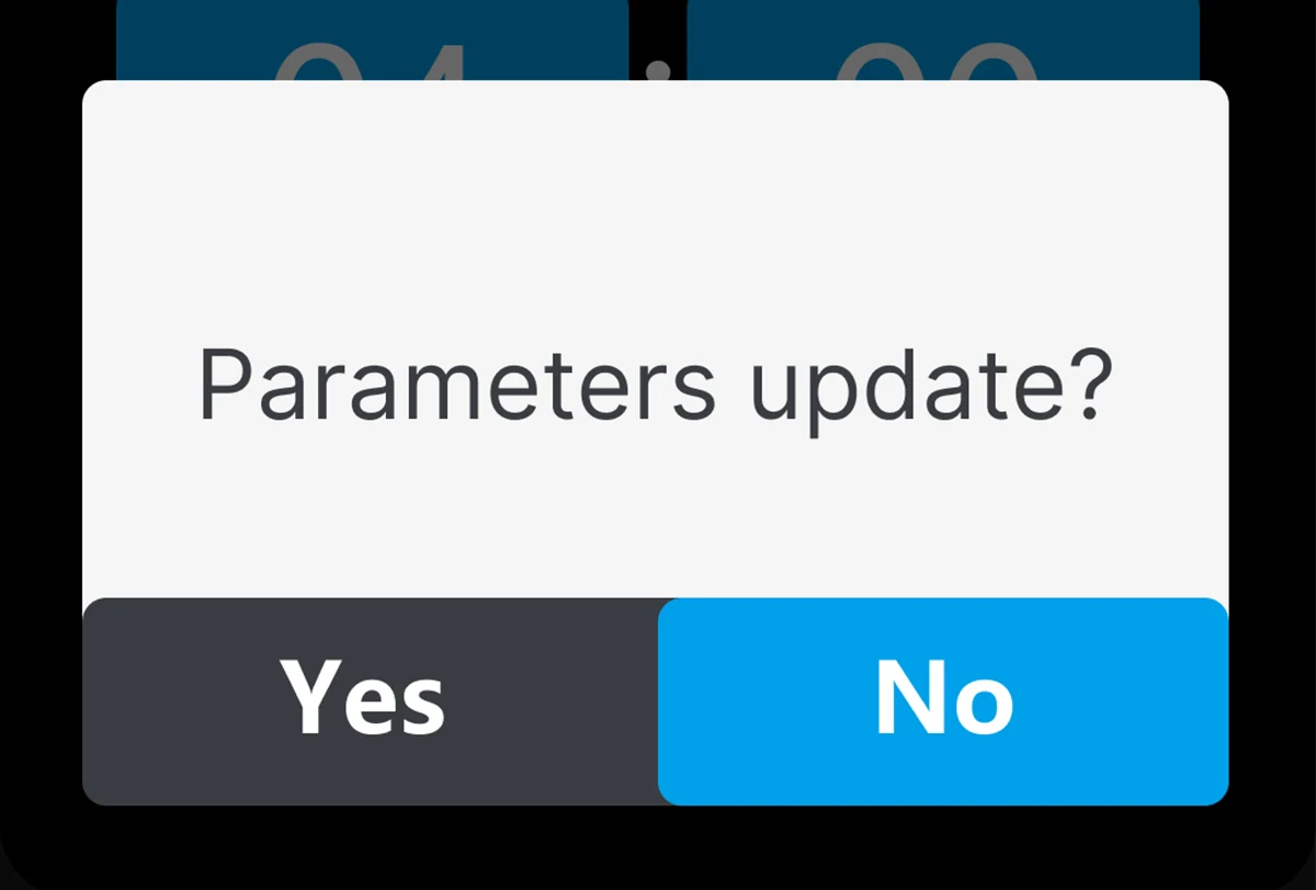 UV02 touchscreen displaying a parameter update confirmation