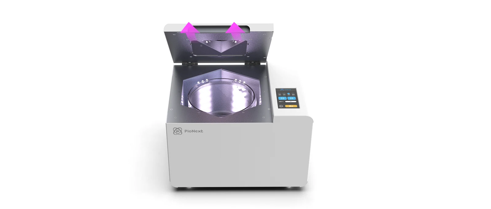 Open UV02 curing unit with ventilation airflow arrows