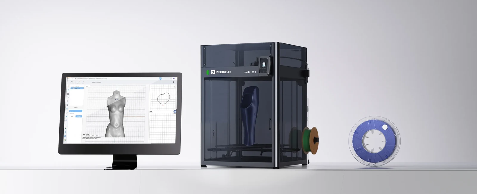 MP01 printing workflow with design software and a filament spool
