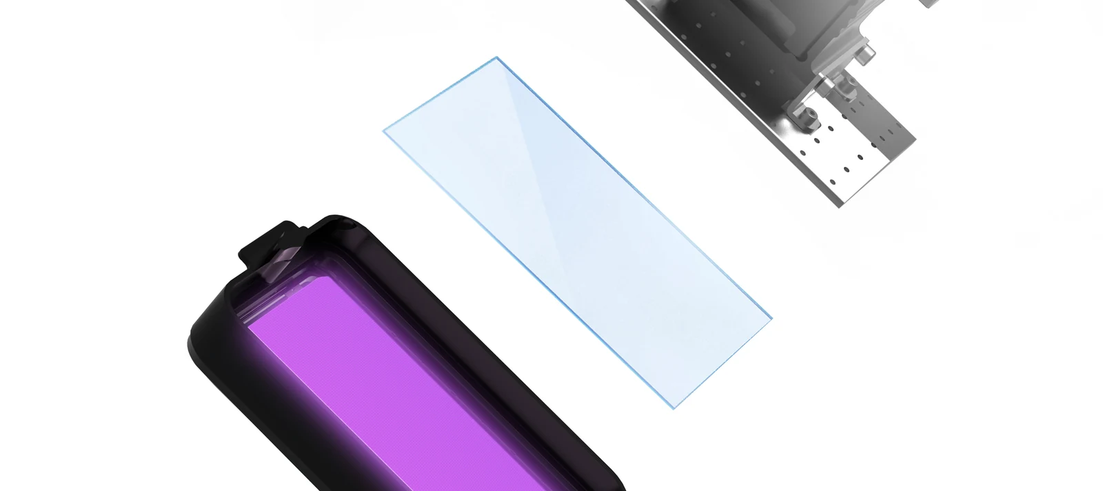 Exploded view of the D160 resin vat, transparent film and build platform